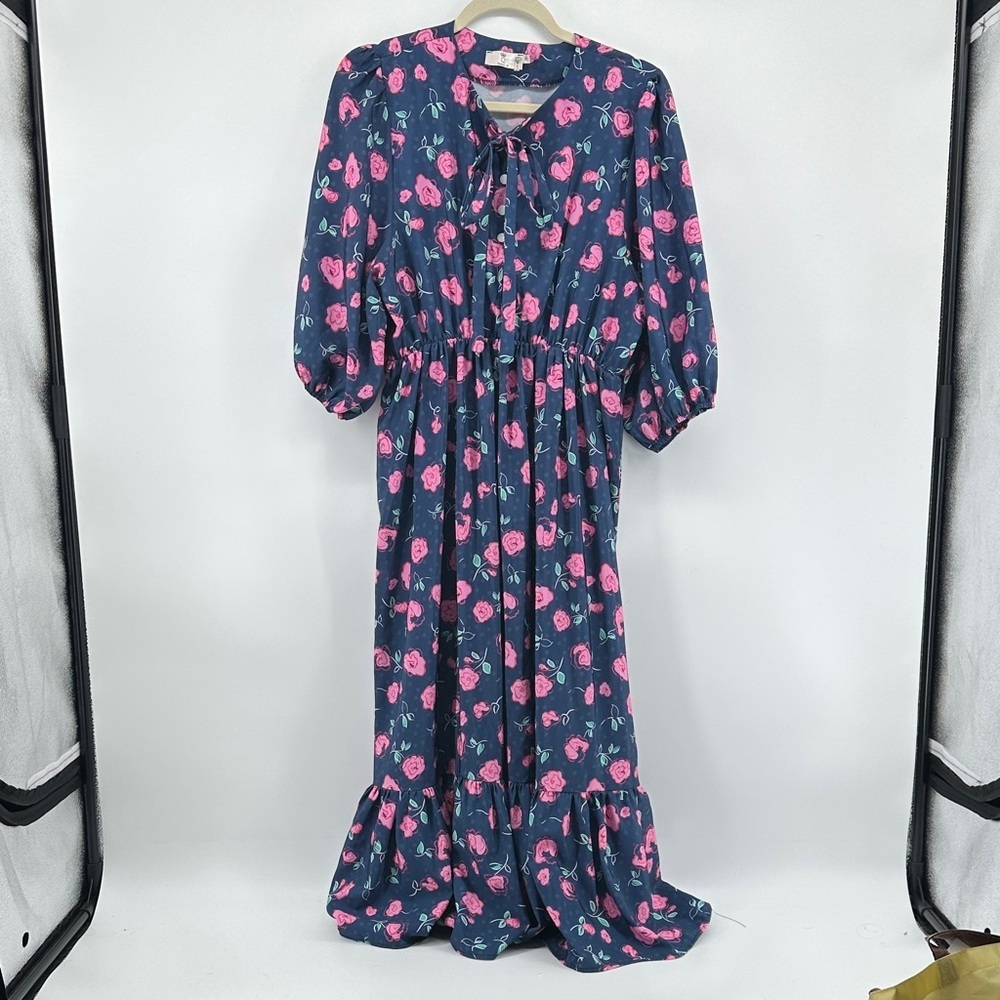 Boho Floral Feminine Romantic Barbie Cottagecore Blue&Pink Maxi Dress Sz16‎